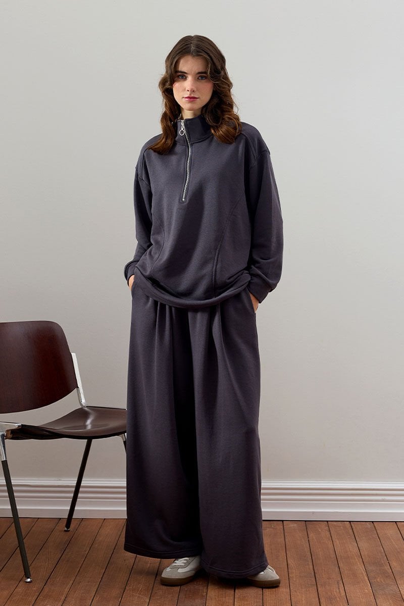 Antrasit 3 İplik Yarım Fermuarlı Eşofman Takım