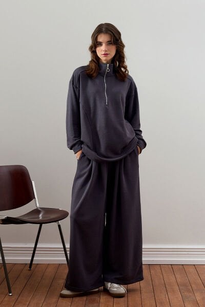 Antrasit 3 İplik Yarım Fermuarlı Eşofman Takım