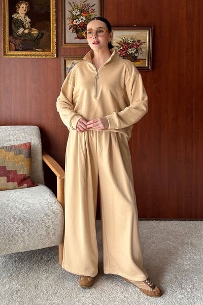 Bej 3 İplik Yarım Fermuarlı Eşofman Takım