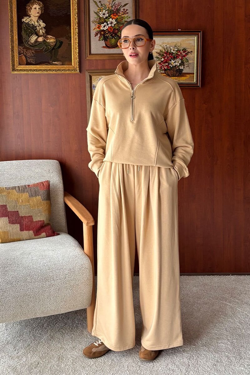 Bej 3 İplik Yarım Fermuarlı Eşofman Takım