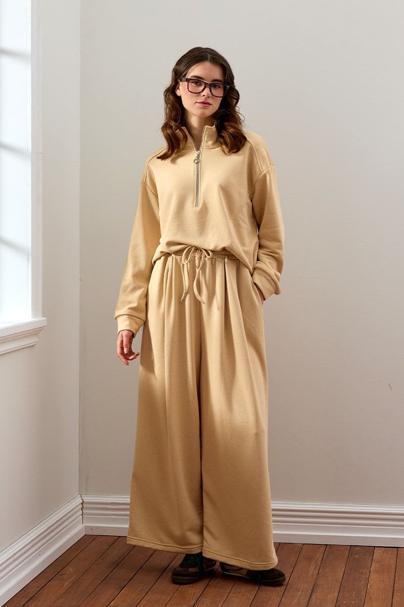 Bej 3 İplik Yarım Fermuarlı Eşofman Takım