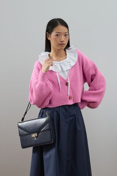 Pembe Balon Kol Triko Hırka