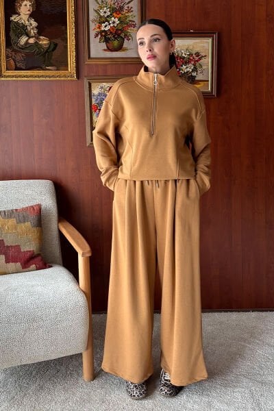 Karamel 3 İplik Yarım Fermuarlı Eşofman Takım