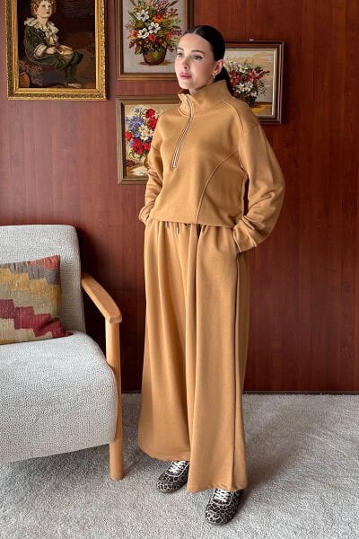 Karamel 3 İplik Yarım Fermuarlı Eşofman Takım