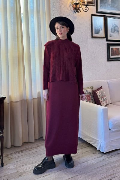 Bordo Süveterli Takım Triko Elbise