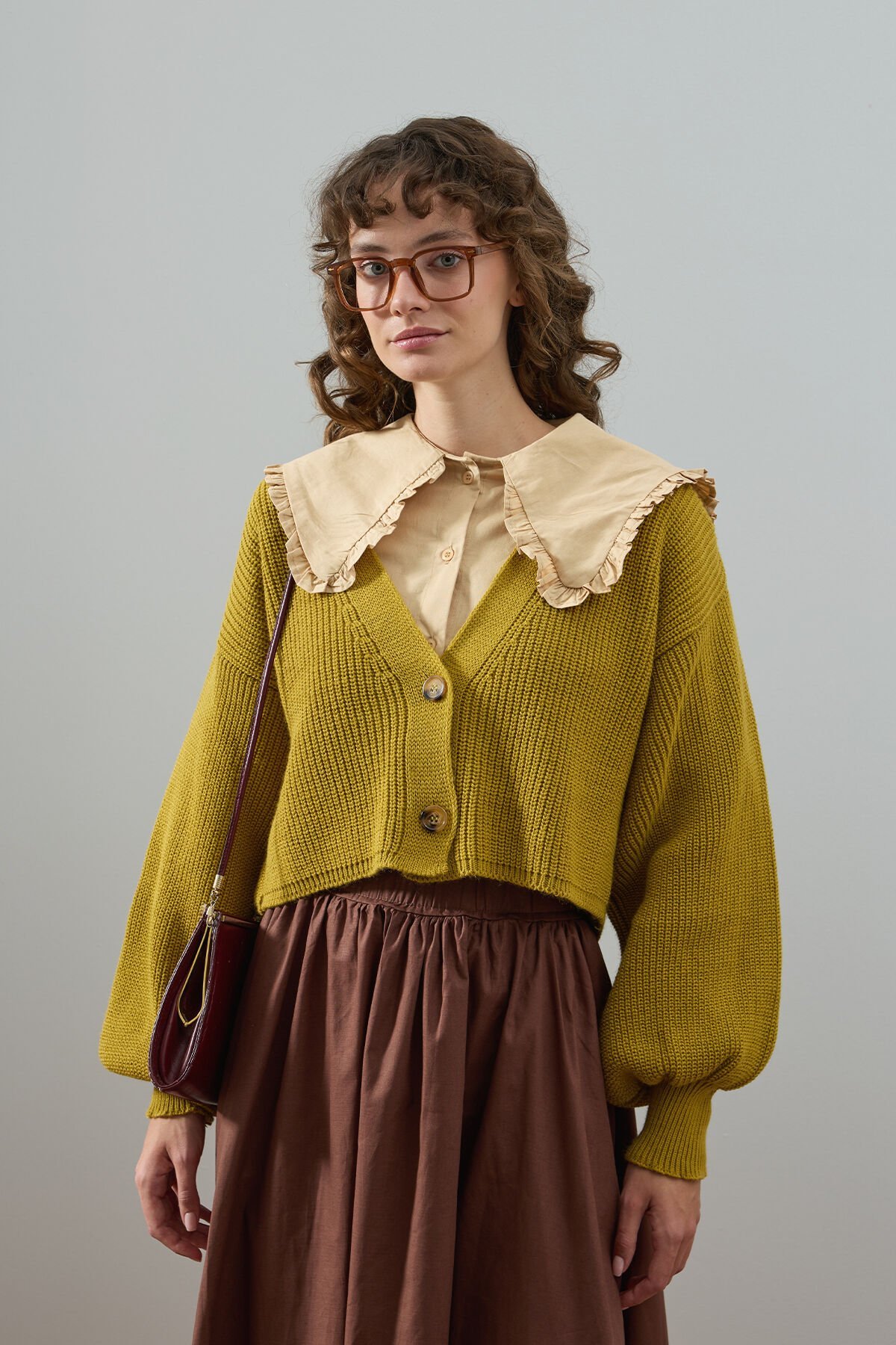 Yağ Yeşili Balon Kol Triko Hırka