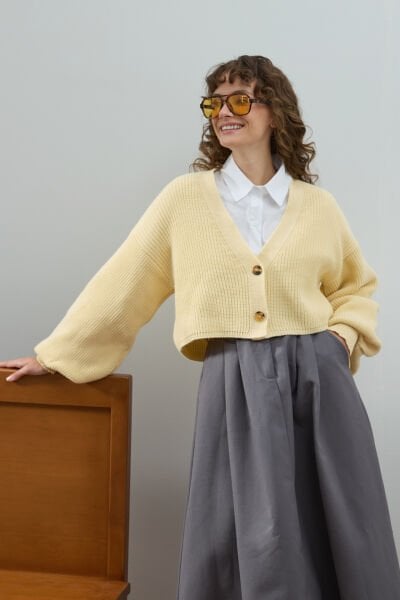 Tereyağ Sarısı Balon Kol Triko Hırka