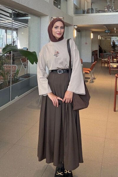 Taş Nakışlı Body & Acı Kahve Poliviskon Kolej Etek Takım