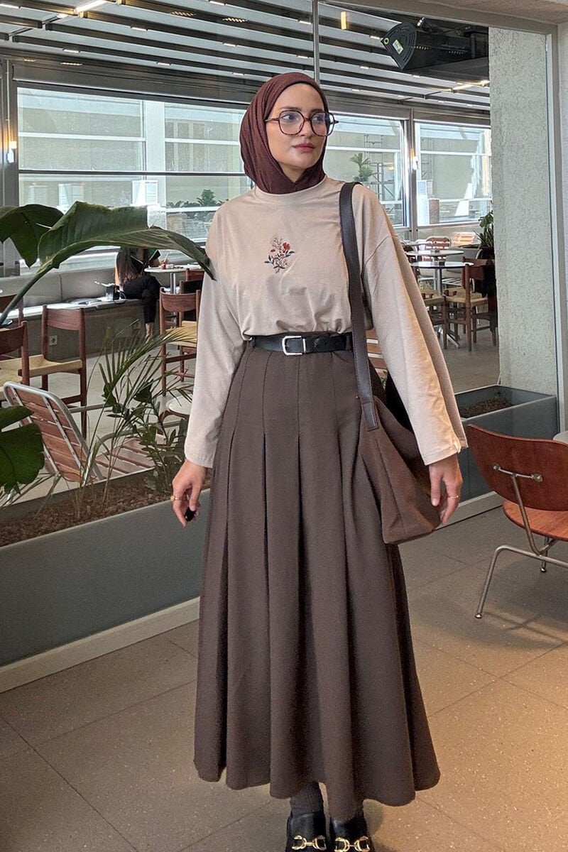 Taş Nakışlı Body & Acı Kahve Poliviskon Kolej Etek Takım