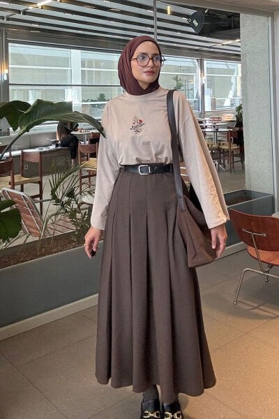 Taş Nakışlı Body & Acı Kahve Poliviskon Kolej Etek Takım