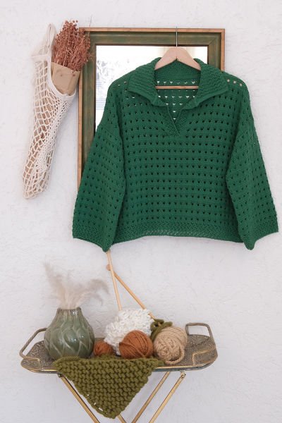 Türbe Yeşili Ajurlu V Yaka Triko Crop