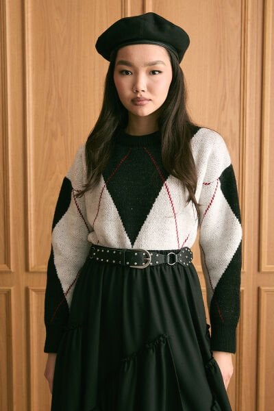 Siyah Baklava Desen Triko Kazak