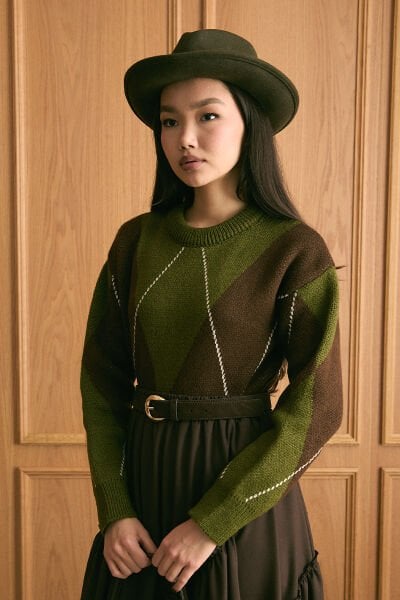 Zeytin Yeşili Baklava Desen Triko Kazak