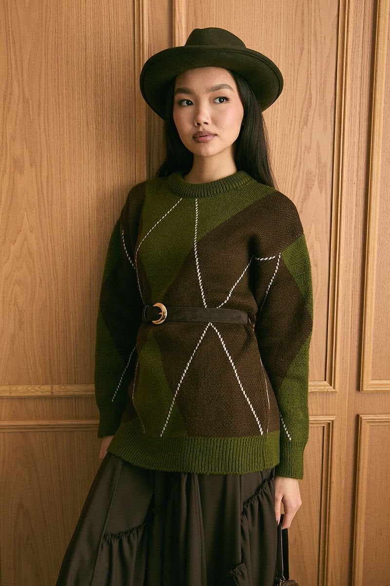 Zeytin Yeşili Baklava Desen Triko Kazak