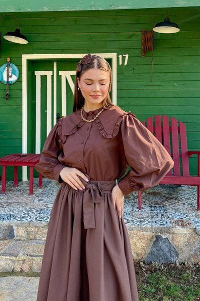 Acı Kahve Balon Etek & Acı Kahve Yakası Fırfırlı Crop Gömlek Takım