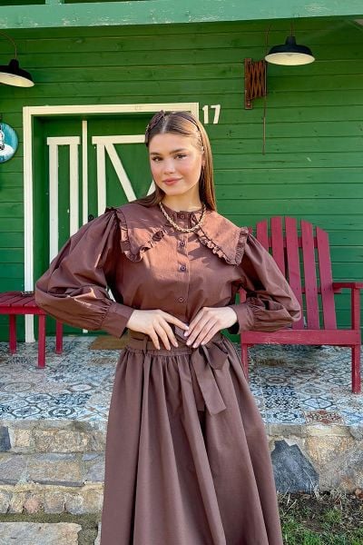 Acı Kahve Balon Etek & Acı Kahve Yakası Fırfırlı Crop Gömlek Takım