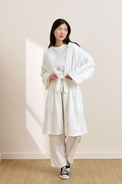 Beyaz Fistolu Müslin Uzun Kimono & Pantolon Takım