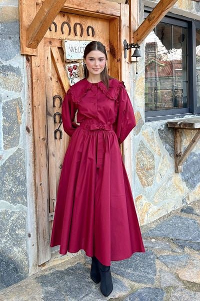 Bordo Balon Etek & Bordo Yakası Fırfırlı Crop Gömlek Takım