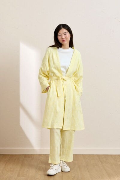 Limon Sarı Fistolu Müslin Uzun Kimono & Pantolon Takım