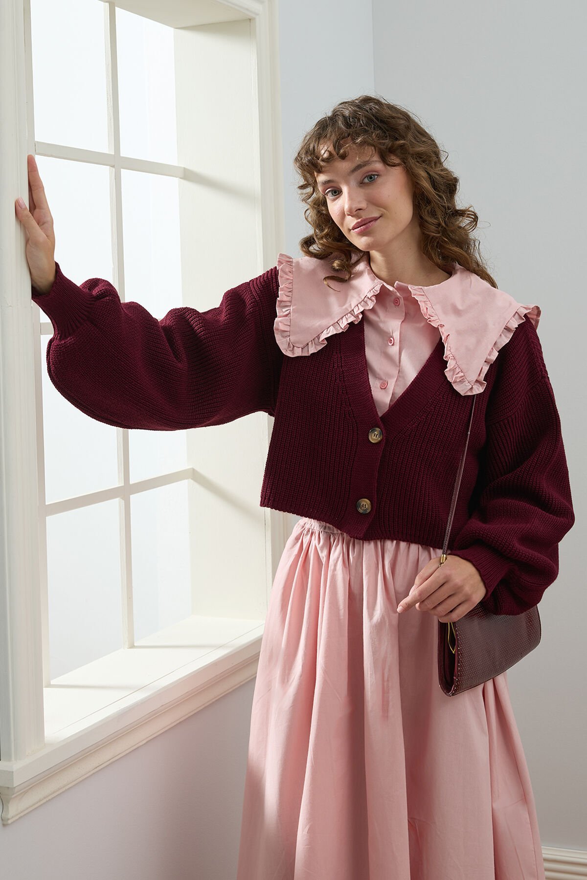 Bordo Balon Kol Triko Hırka