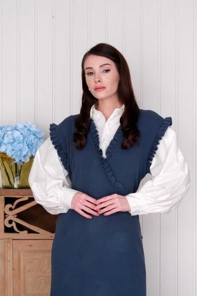 İndigo Triko Fırfır Yaka jile