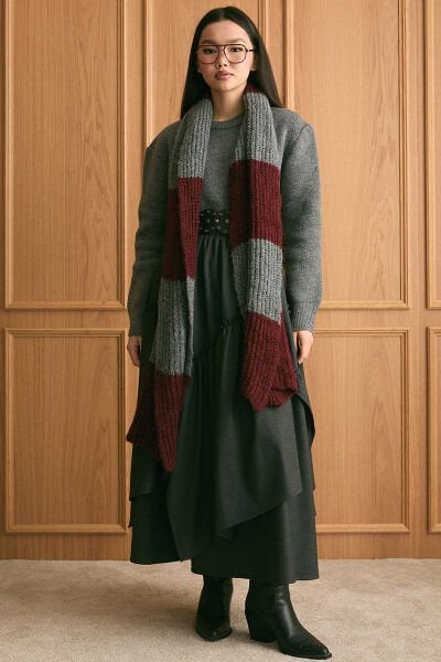 Bordo Triko İki Renk Atkı