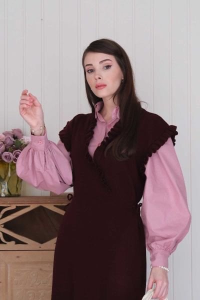 Mürdüm Triko Fırfır Yaka jile