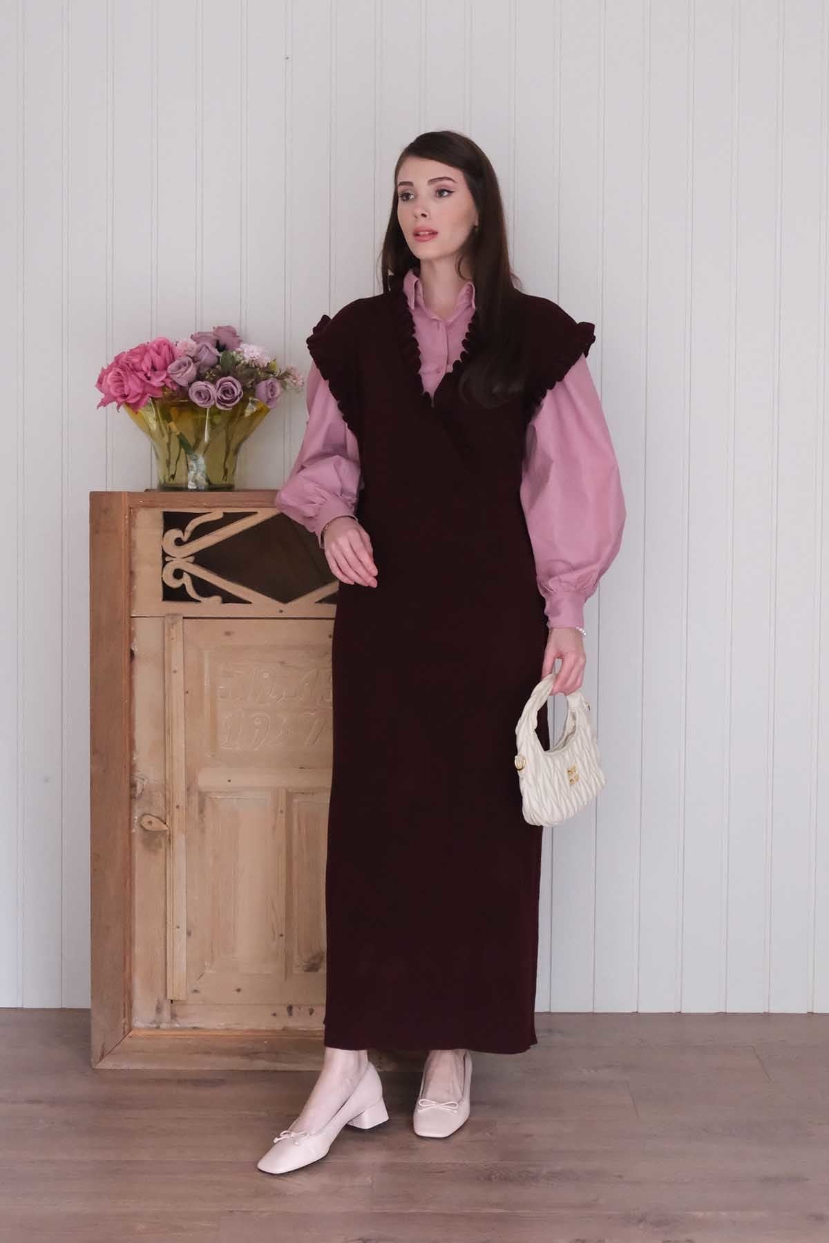 Mürdüm Triko Fırfır Yaka jile