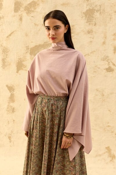 Soft Pembe Organik Keten Pelerin Kol Bluz