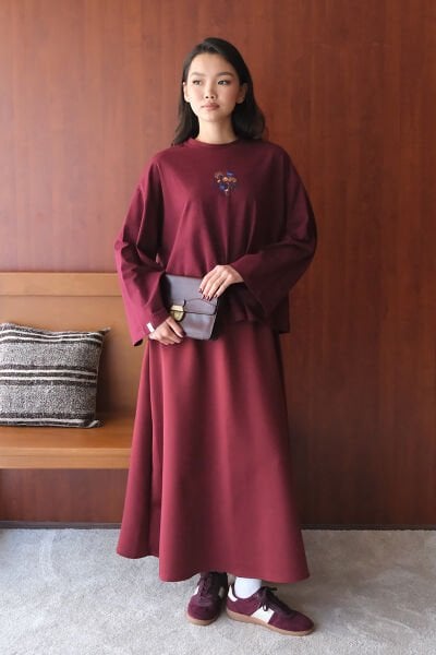 Bordo Nakışlı Body & Bordo Scuba Etek Takım