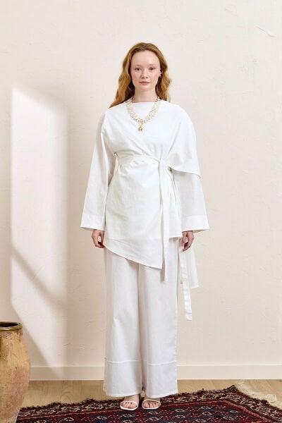 Beyaz Organik Keten Şal Detay Tunik & Double Paça Pantolon Takım