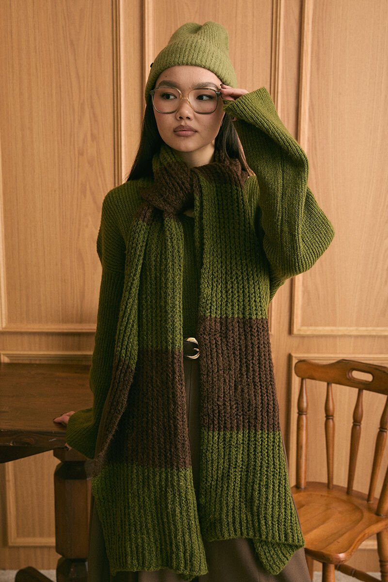 Zeytin Yeşili Triko İki Renk Atkı