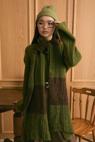 Zeytin Yeşili Triko İki Renk Atkı