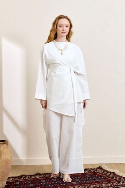 Beyaz Organik Keten Şal Detay Tunik & Double Paça Pantolon Takım