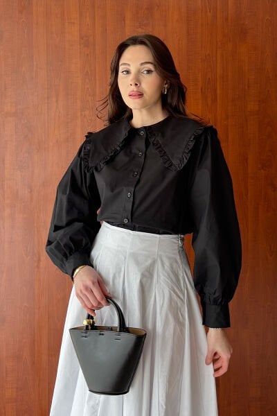 Siyah Yakası Fırfırlı Crop Gömlek