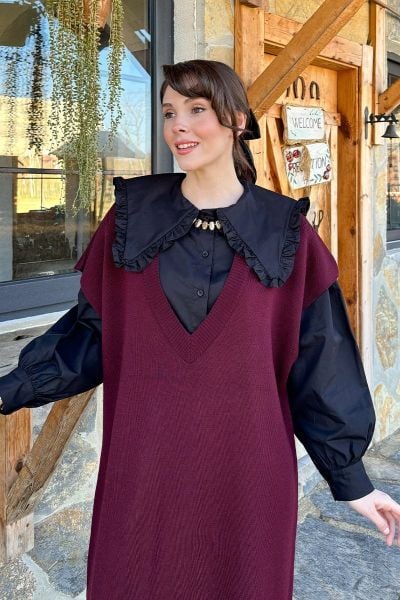 Siyah Yakası Fırfırlı Crop Gömlek