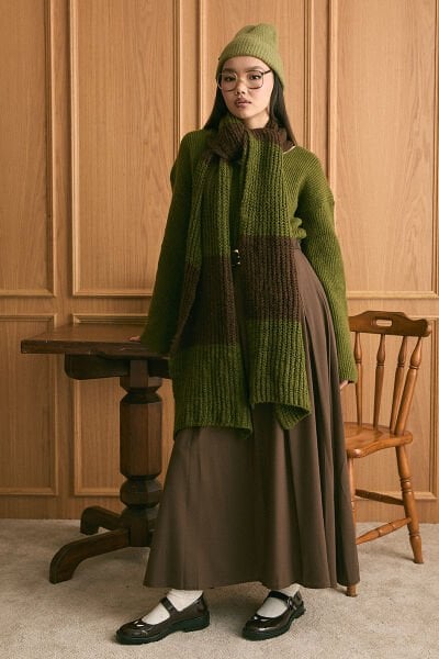 Zeytin Yeşili Triko İki Renk Atkı