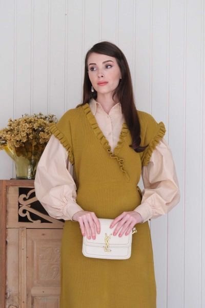 Yağ Yeşili Triko Fırfır Yaka jile