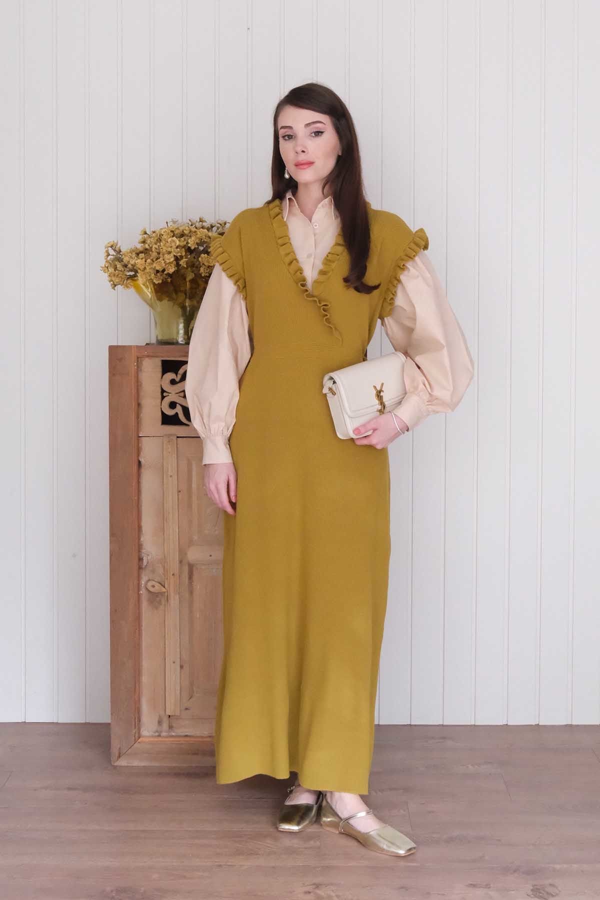 Yağ Yeşili Triko Fırfır Yaka jile