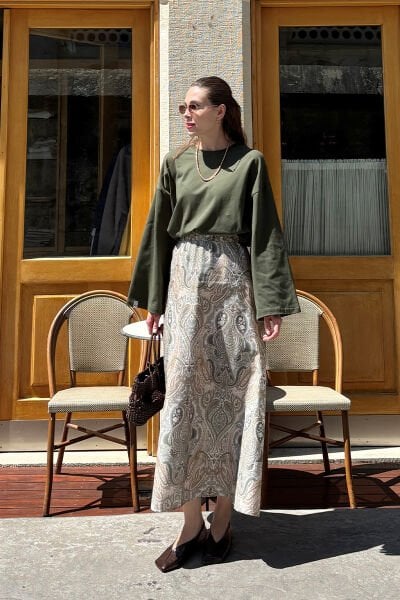 Vizon Etnik Desen Pamuk Saten Kloş Etek & Haki Body Takım