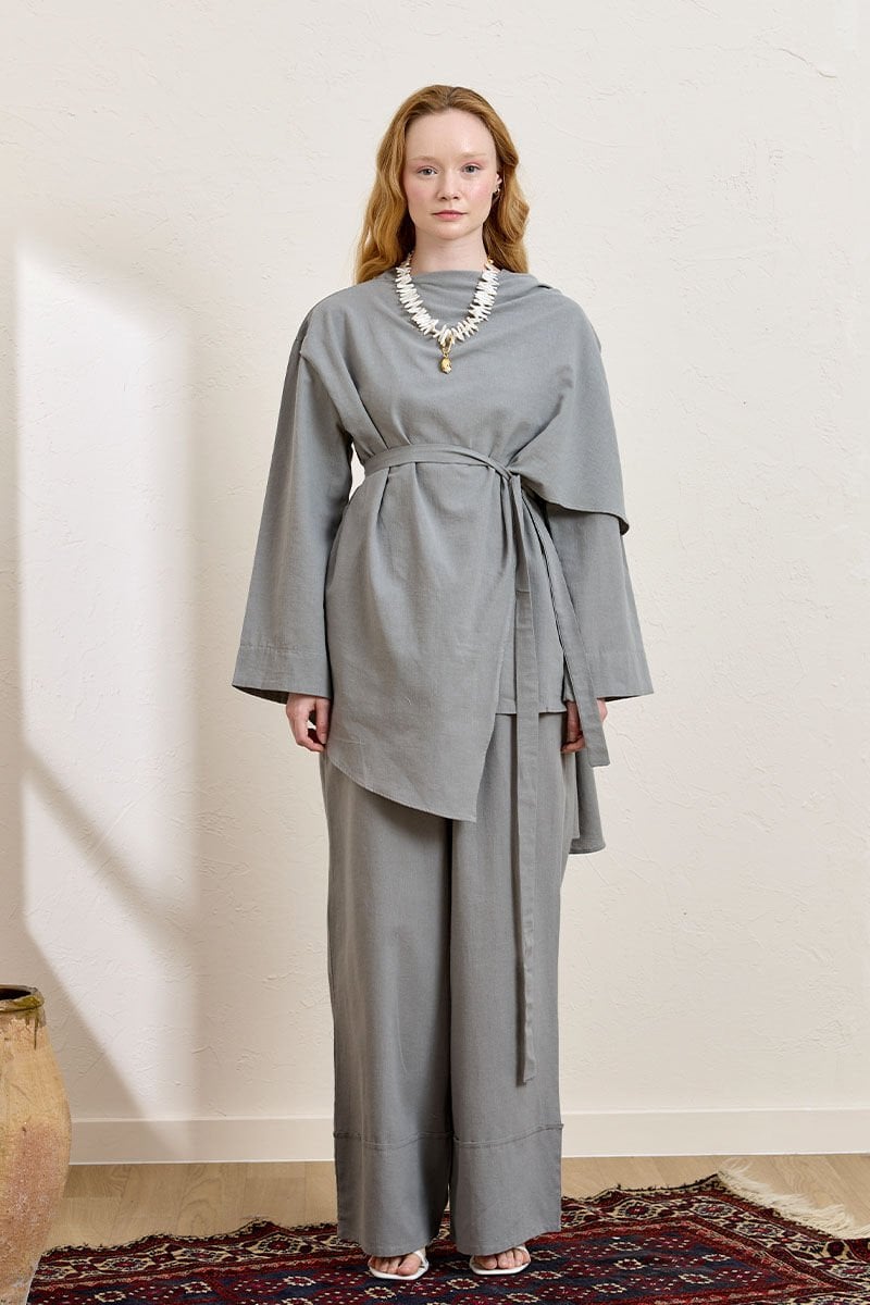 Gri Organik Keten Şal Detay Tunik & Double Paça Pantolon Takım