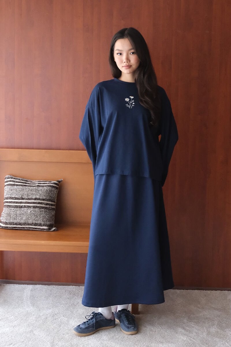 Lacivert Nakışlı Body & İndigo Scuba Etek Takım