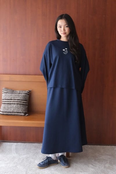 Lacivert Nakışlı Body & İndigo Scuba Etek Takım