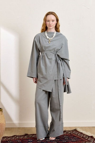 Gri Organik Keten Şal Detay Tunik & Double Paça Pantolon Takım