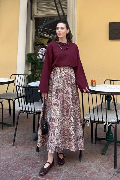 Gül Kurusu Etnik Desen Pamuk Saten Kloş Etek & Bordo Body Takım
