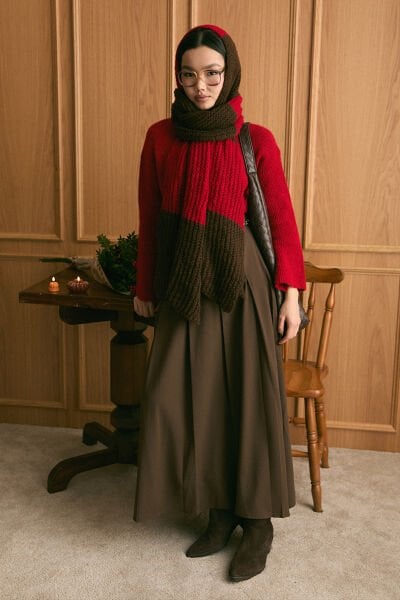 Kırmızı Triko İki Renk Atkı