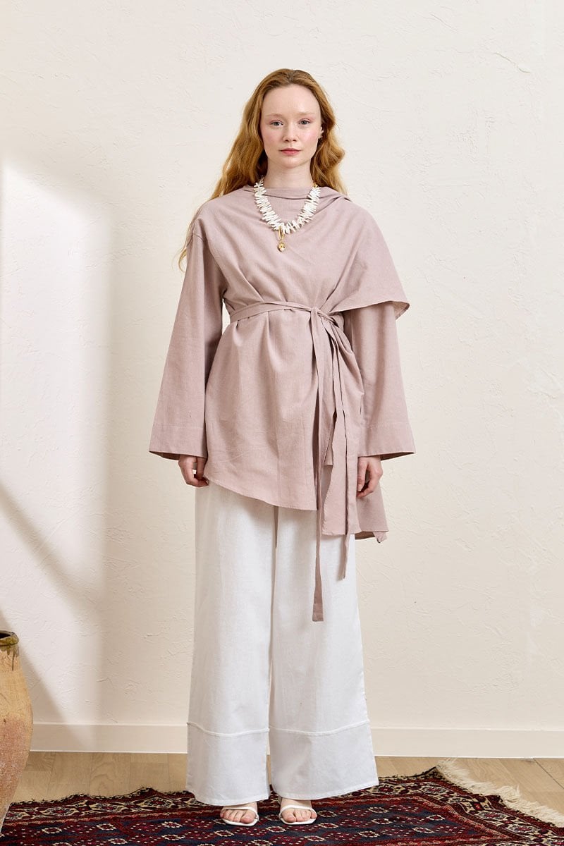 Gül Kurusu Organik Keten Şal Detay Tunik & Beyaz Double Paça Pantolon Takım