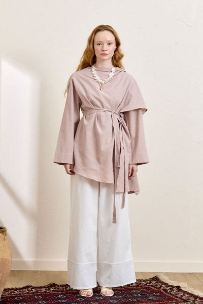 Gül Kurusu Organik Keten Şal Detay Tunik & Beyaz Double Paça Pantolon Takım