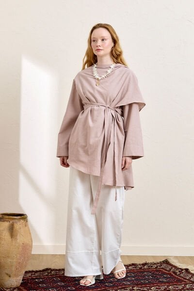 Gül Kurusu Organik Keten Şal Detay Tunik & Beyaz Double Paça Pantolon Takım