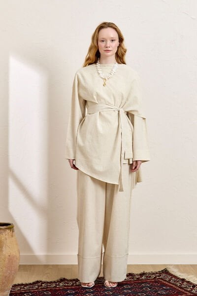 Krem Organik Keten Şal Detay Tunik & Double Paça Pantolon Takım